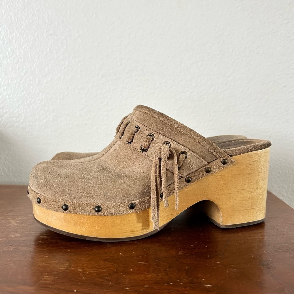 Vintage 90s 70s style suede wooden clogs platform shoes